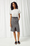 HY2668 BLACK DENIM Womens Washed Side Pocket Denim Midi Skirt Full Body
