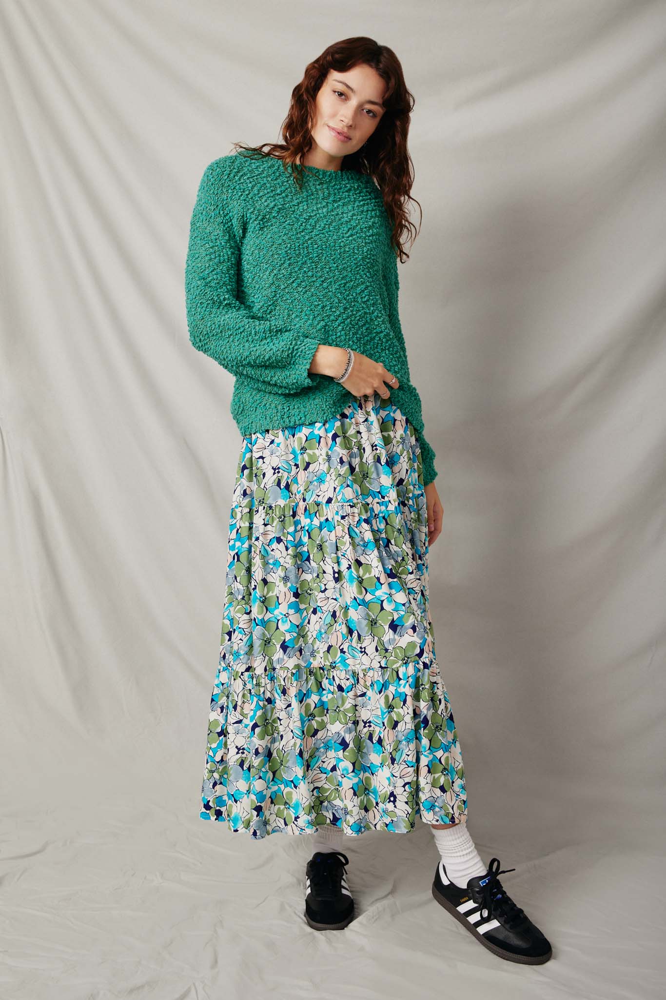 HY2741 Kelly Green Womens Popcorn Knit Pullover Sweater Full Body