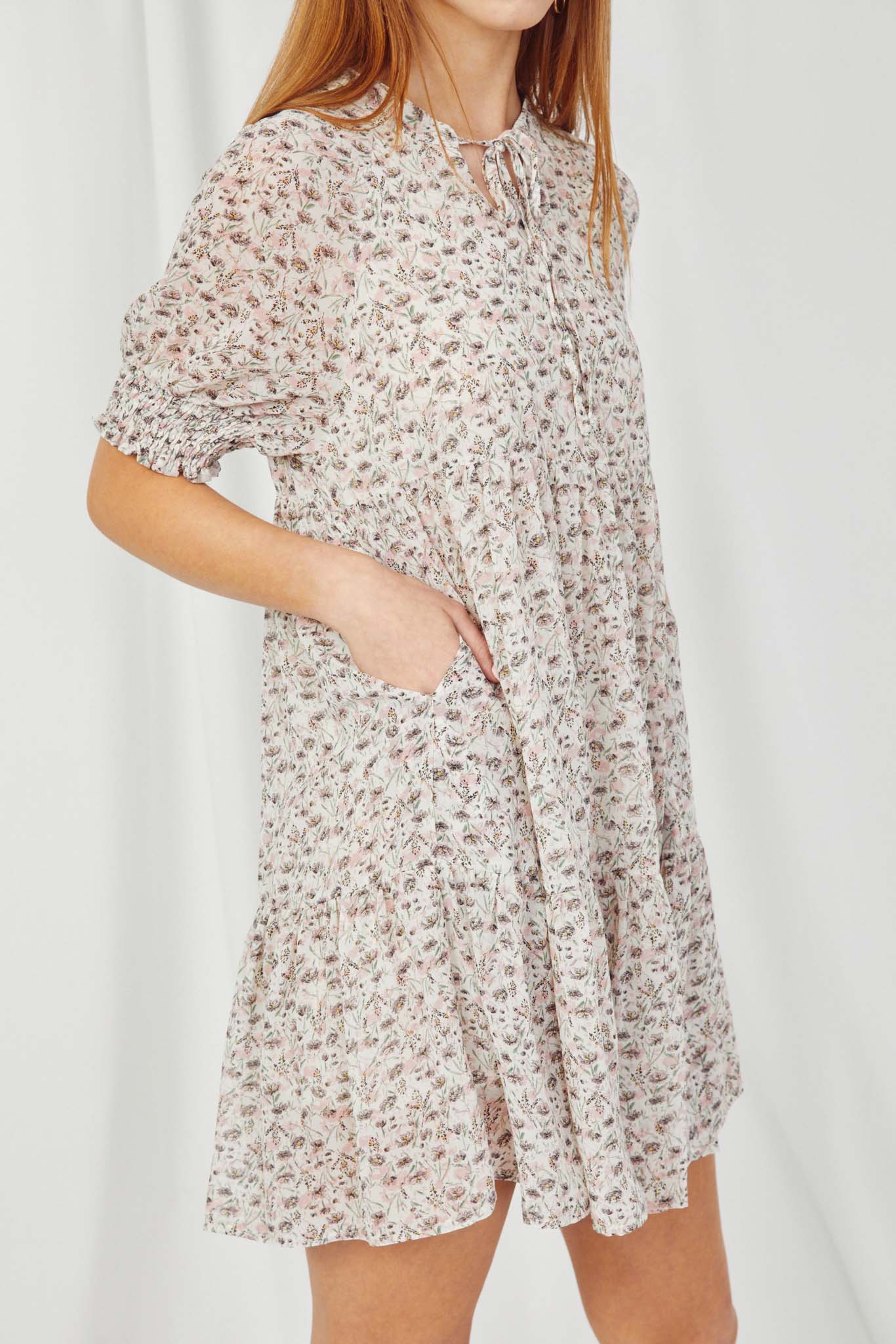 HY2760 Off White Womens Floral Chiffon Smocked Cuff Mini Dress Side