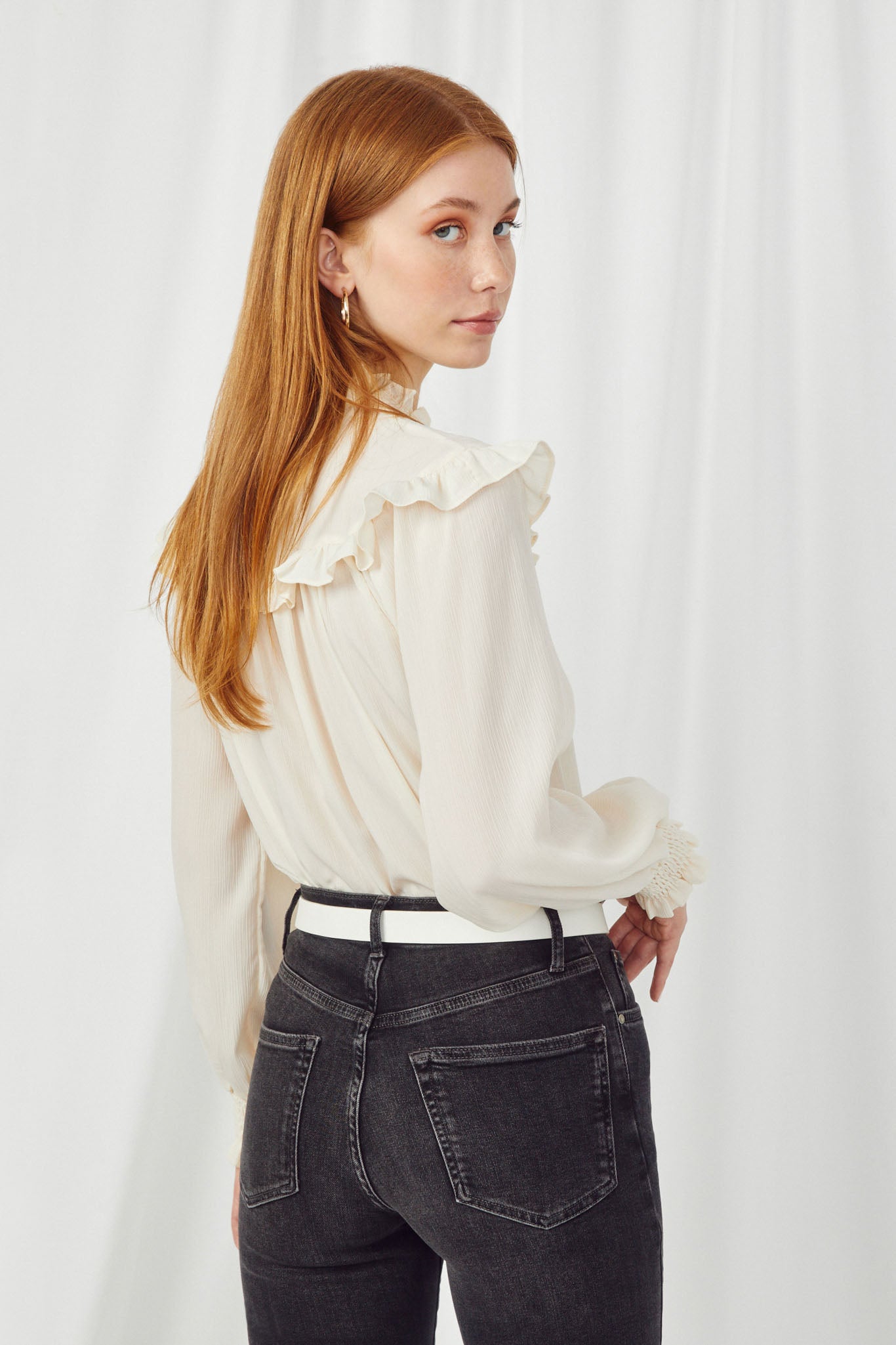HY2835 IVORY Womens Ruffle Detailed Button Down Blouse Back