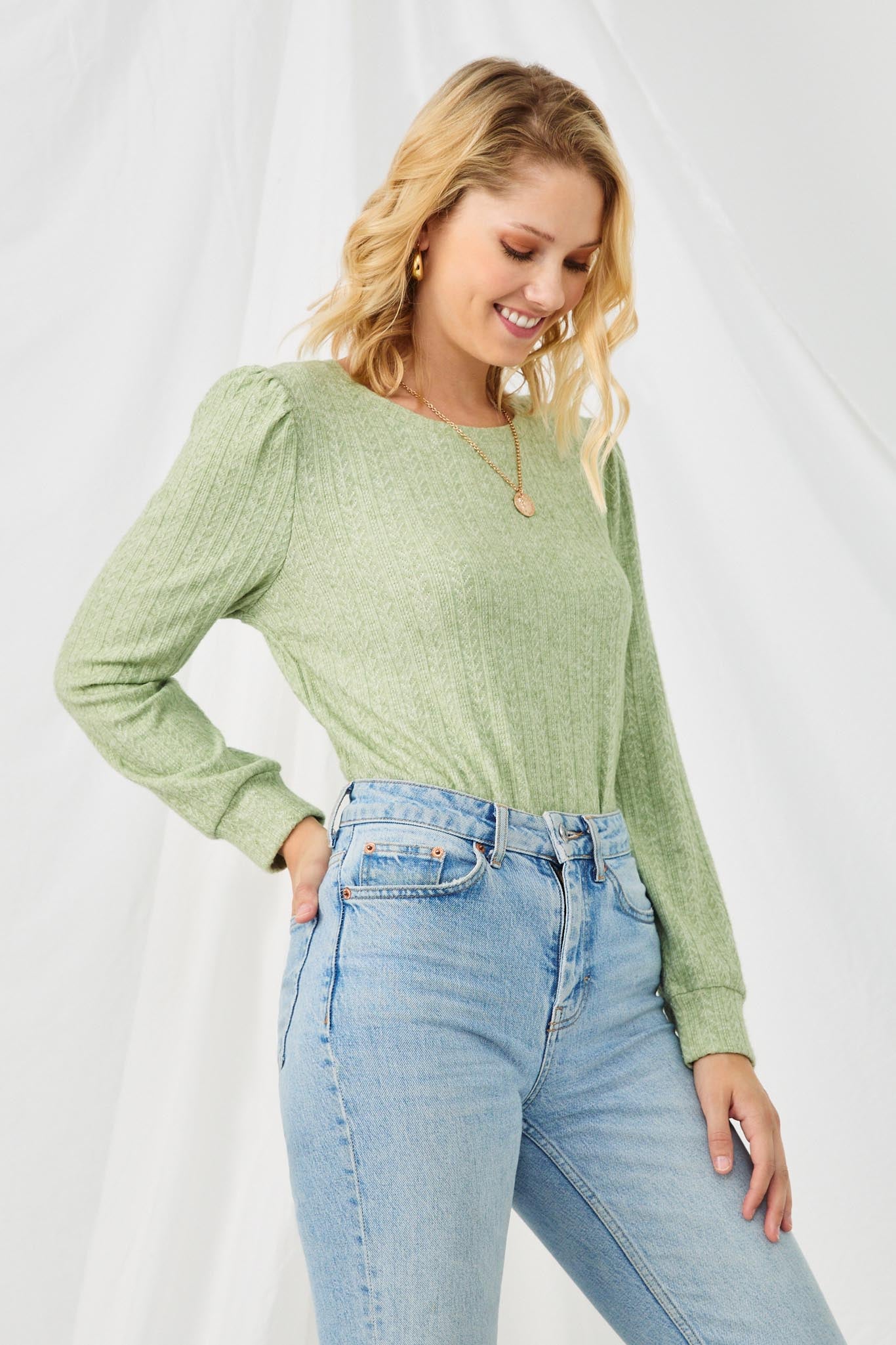 HY2857 SAGE Womens Long Sleeve Cable Knit Detail Top Side