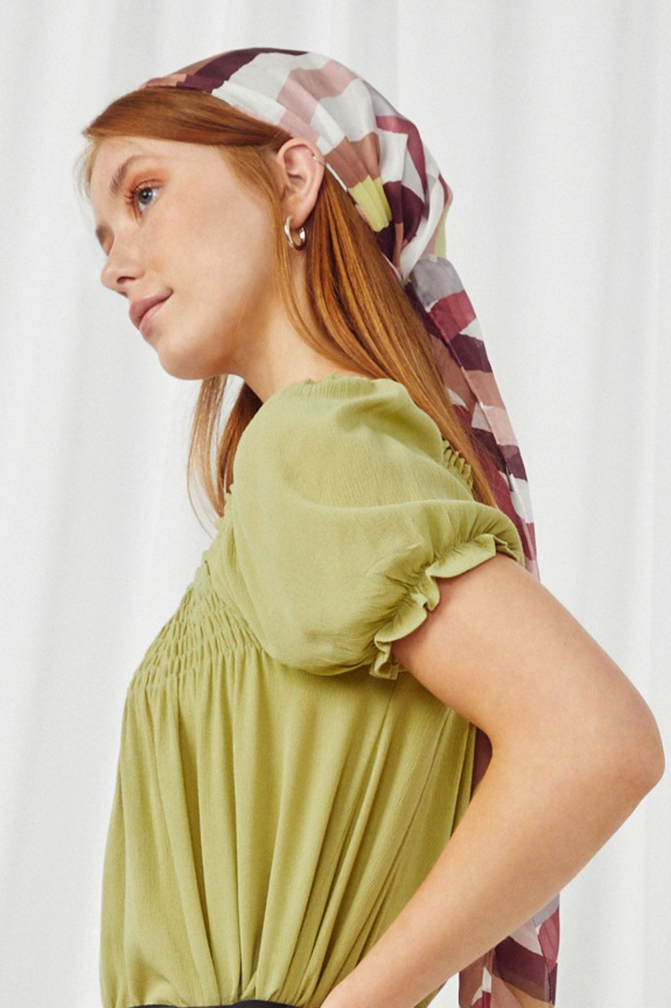 HY2905 Green Womens Smocked Gathered Neck Puff Sleeve Top Detail