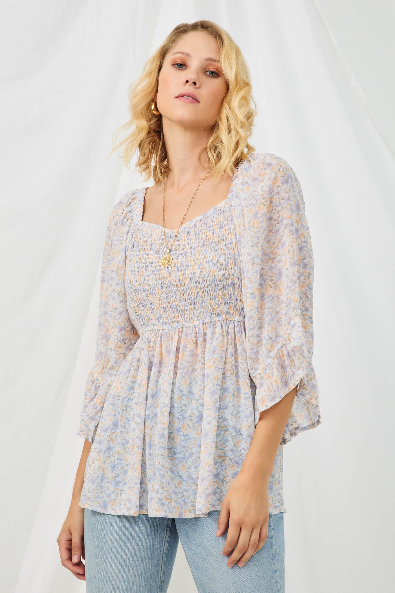 HY2987 LAVENDER Womens Floral Chiffon Bell Sleeve Sweetheart Top Front