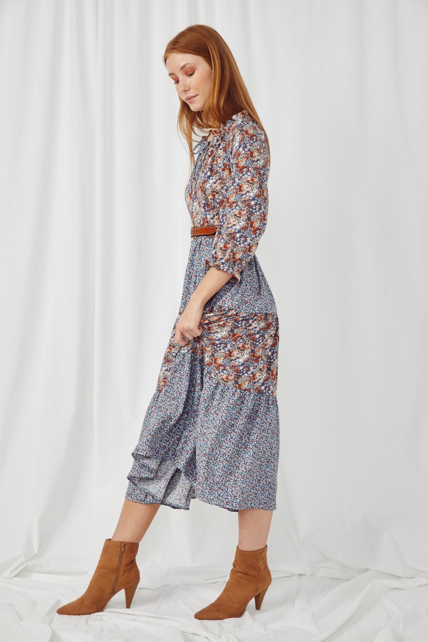 HY5037 BLUE Womens Mixed Floral Block Ruffle Neck Maxi Dress Side