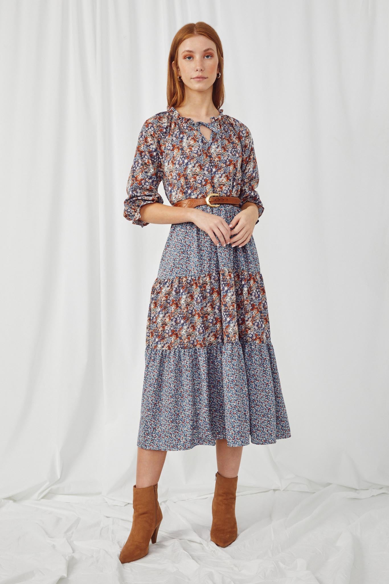 HY5037 BLUE Womens Mixed Floral Block Ruffle Neck Maxi Dress Full Body 2