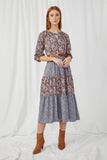 HY5037 BLUE Womens Mixed Floral Block Ruffle Neck Maxi Dress Full Body 2