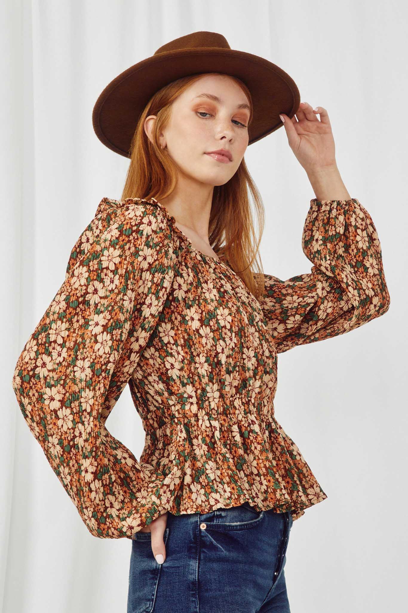 HY5043 BROWN Womens Floral Pleated Ruffle Shoulder Peplum Top Side