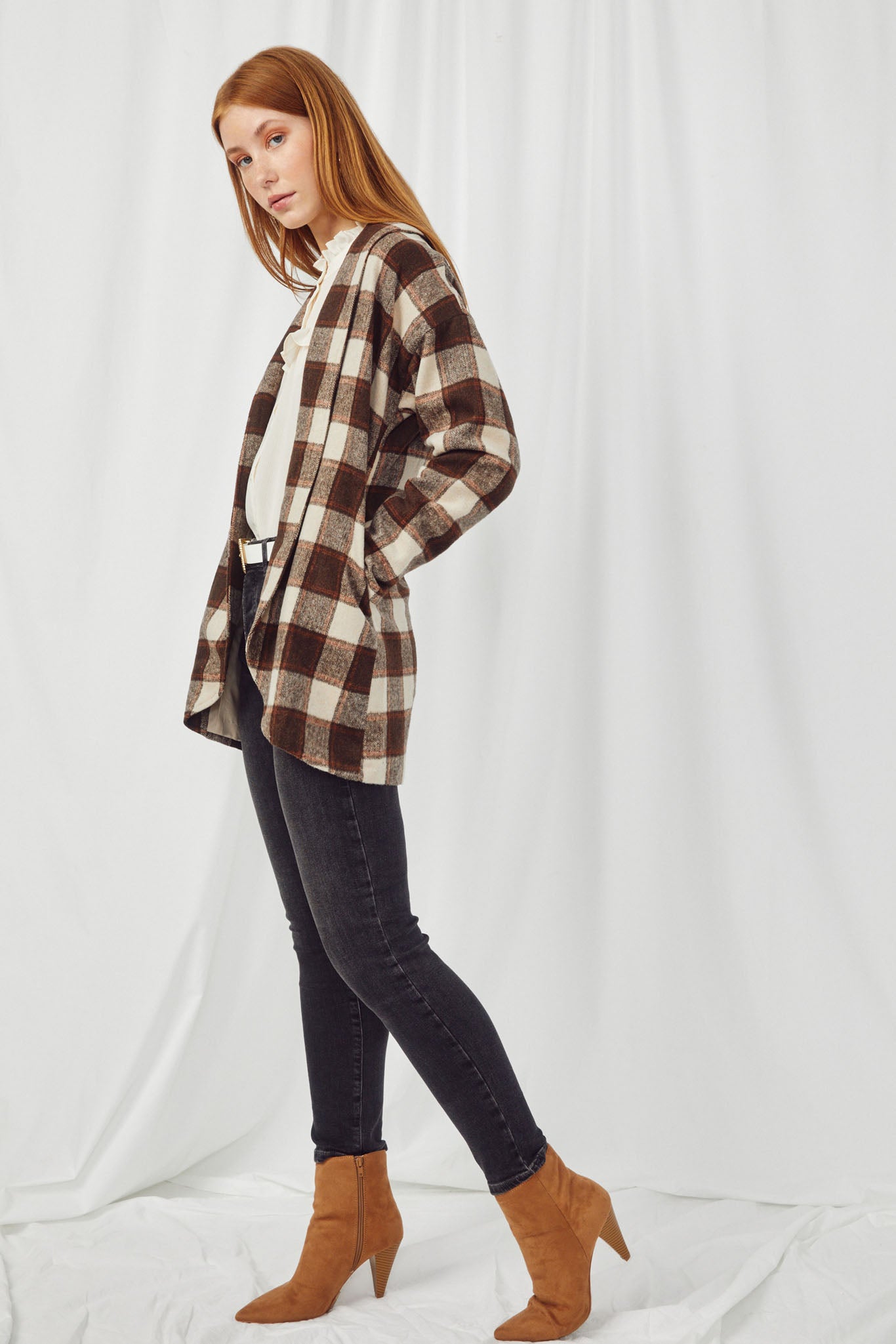 HY5075 TAUPE Womens Brushed Plaid Shawl Collar Open Jacket Side