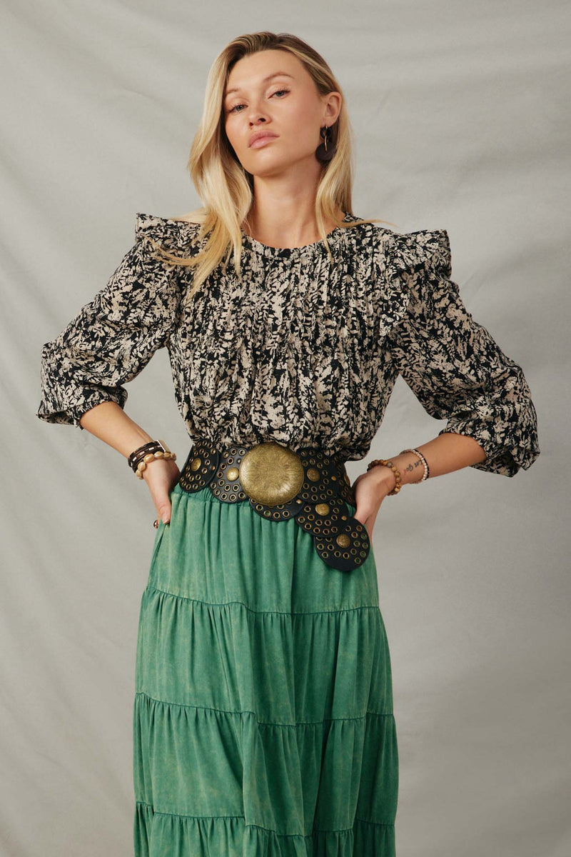 HY5132 Black Womens Pleat Detail Ruffle Shoulder Botanical Top Front