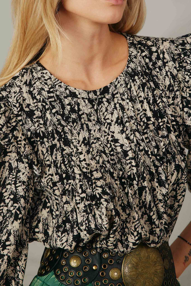 HY5132 Black Womens Pleat Detail Ruffle Shoulder Botanical Top Detail