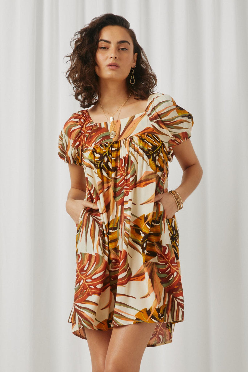 HY5569 Taupe Womens Botanical Print Puff Sleeve Square Neck Dress Front