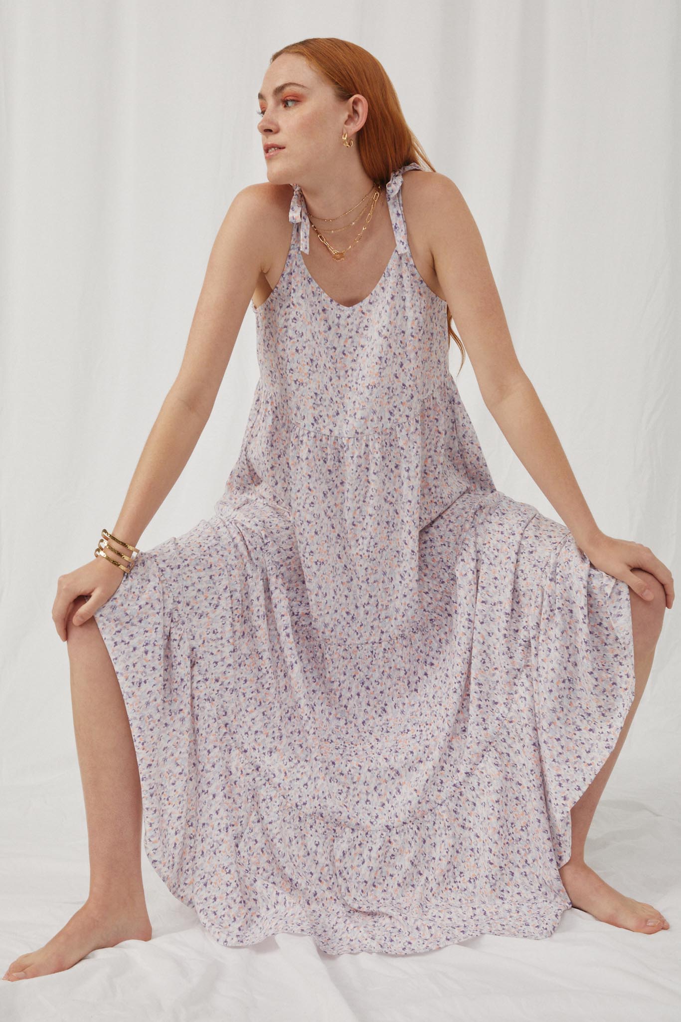 HY5632 Lavender Womens Tie Detail Scooped Back Maxi Dress Pose