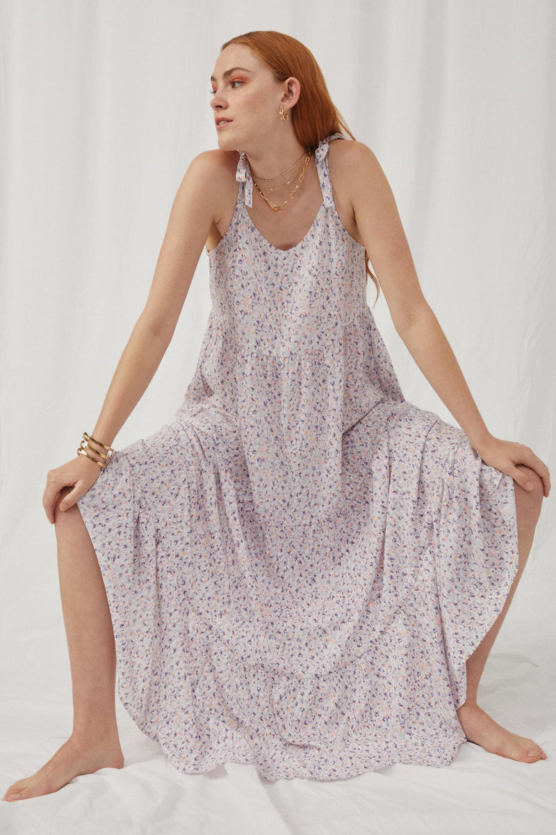 HY5632 Lavender Womens Tie Detail Scooped Back Maxi Dress Pose