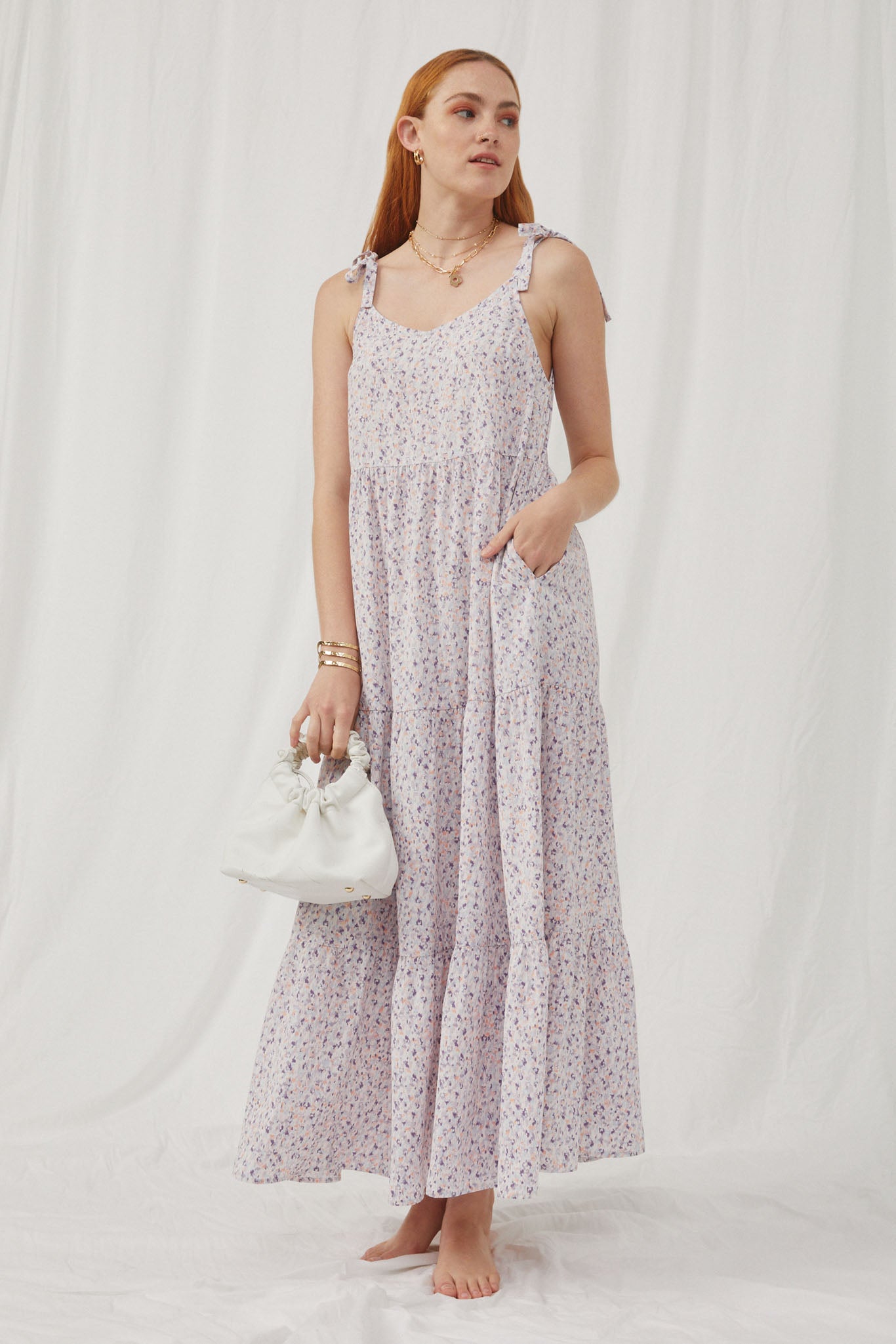 HY5632 Lavender Womens Tie Detail Scooped Back Maxi Dress Front