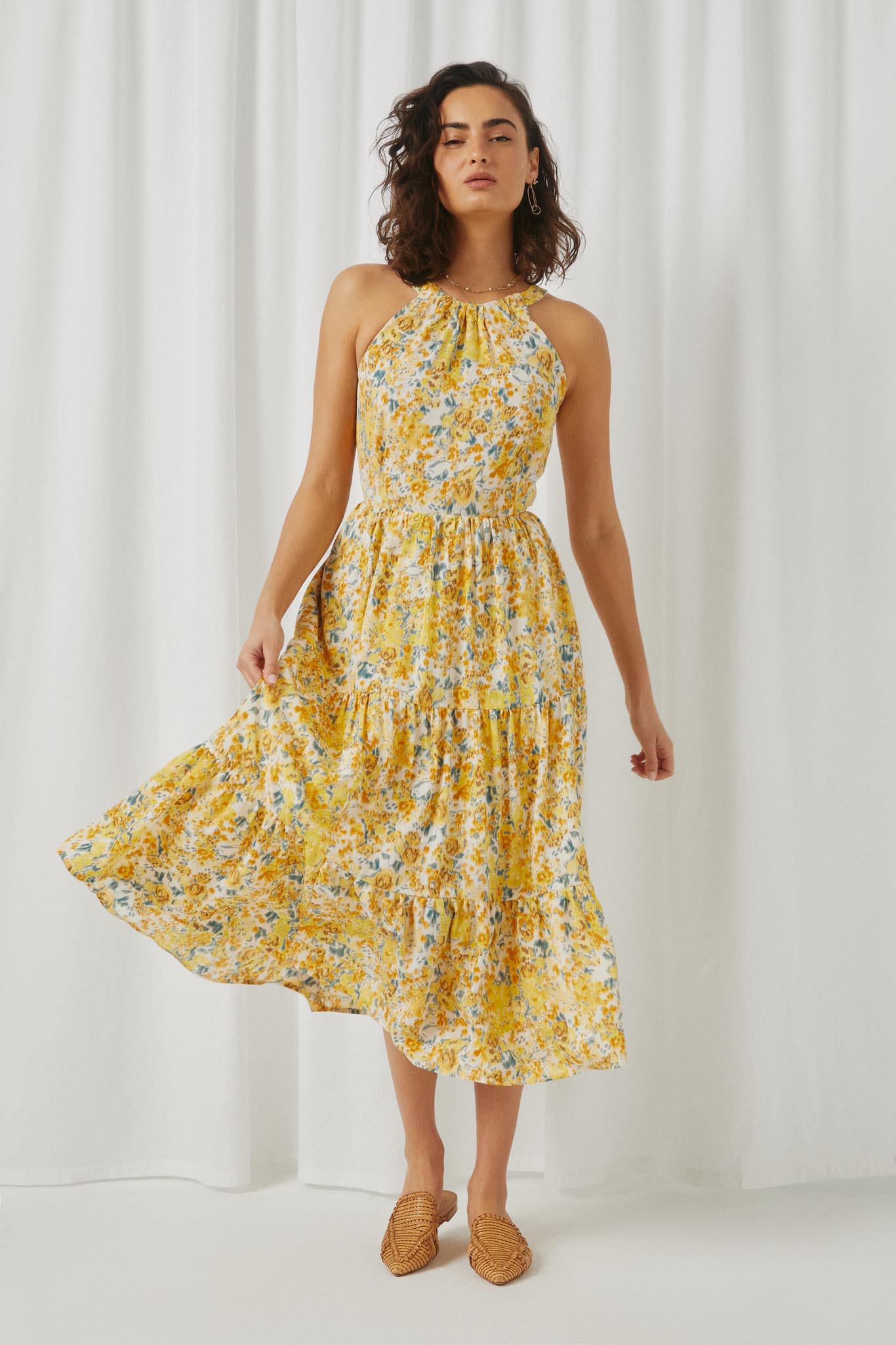 HY5674 Yellow Womens Criss Cross Cutout Back Floral Halter Dress Full Body