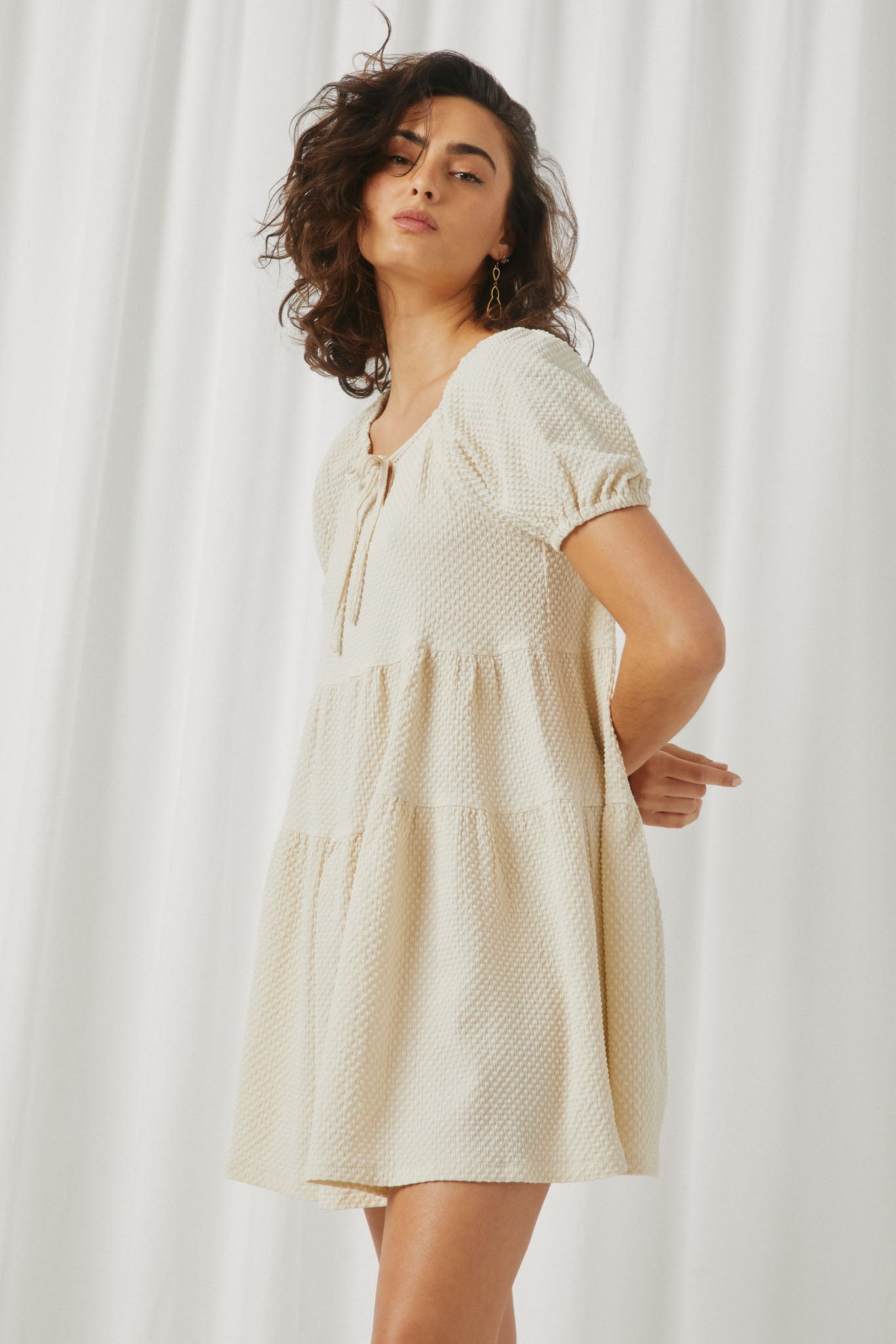 HY5696 Ivory Womens Textured Puff Seeve Tie Front Dress Side