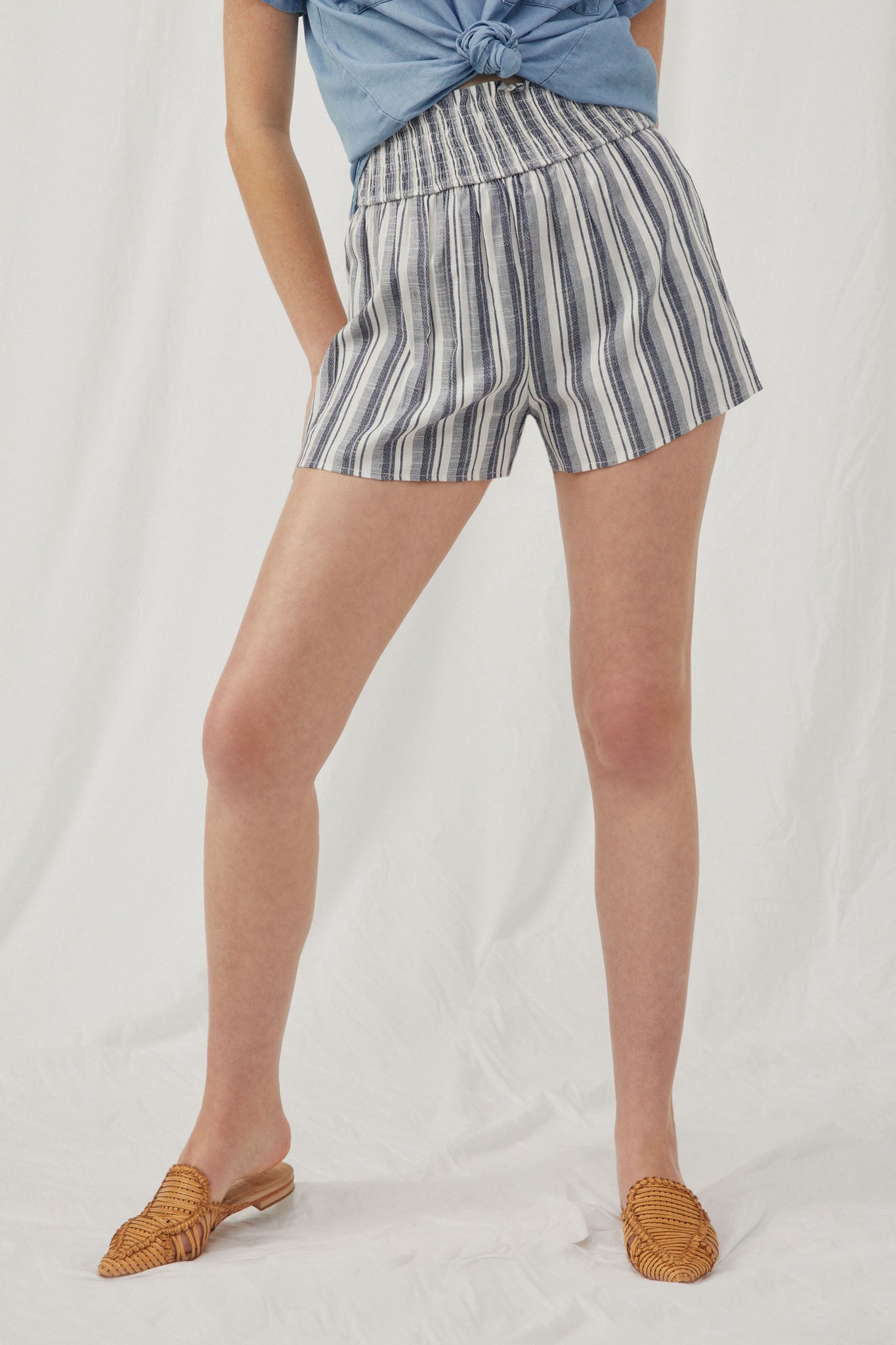 HY5752 Blue Womens Heathered Stripe Smocked Waist Soft Shorts Front