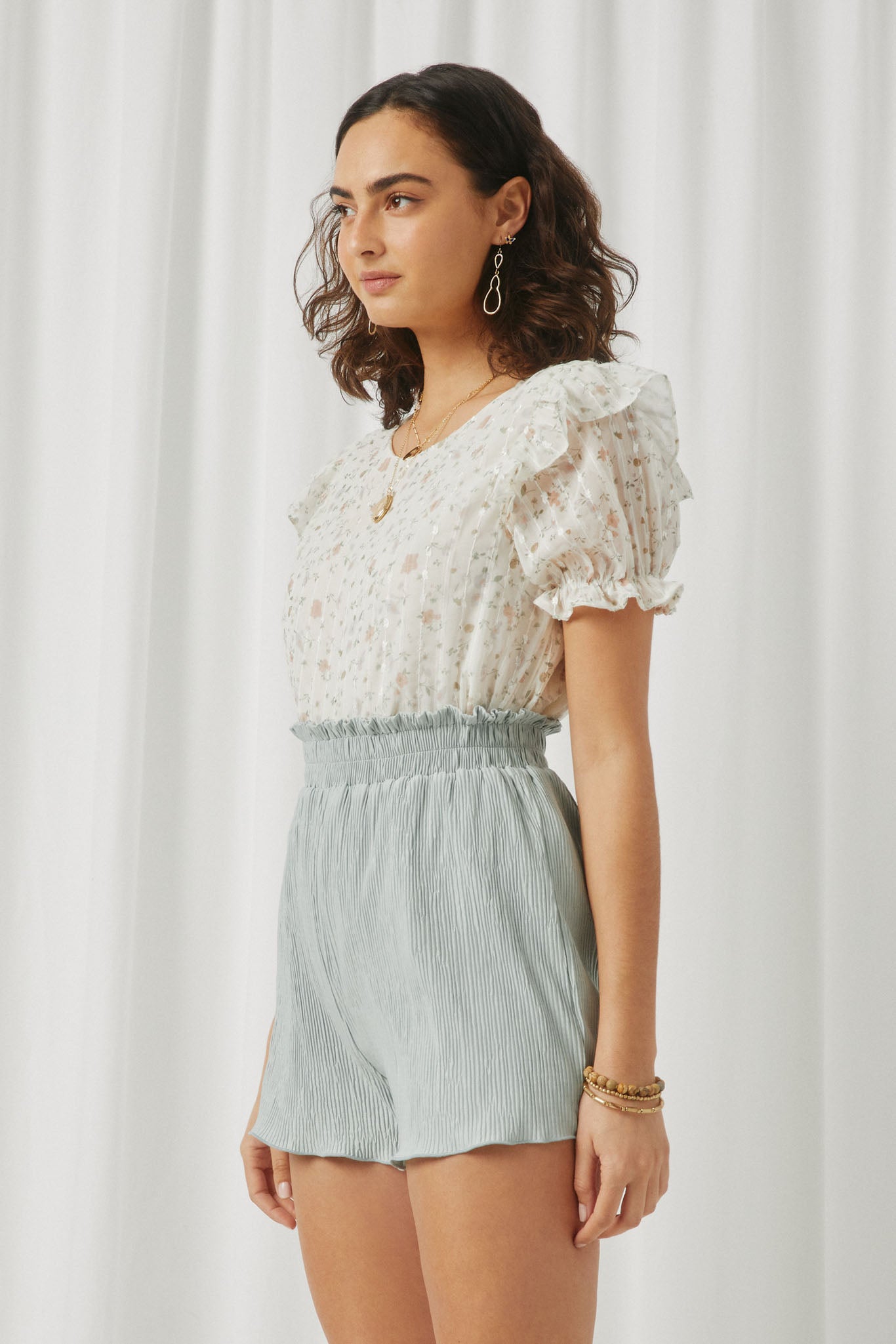 HY5840 Ivory Womens Textured Lurex Detail Printed Ruffle Top Side
