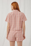 HY5963 Mauve Womens Textured Gingham Cropped Collared Button Up Shirt Back