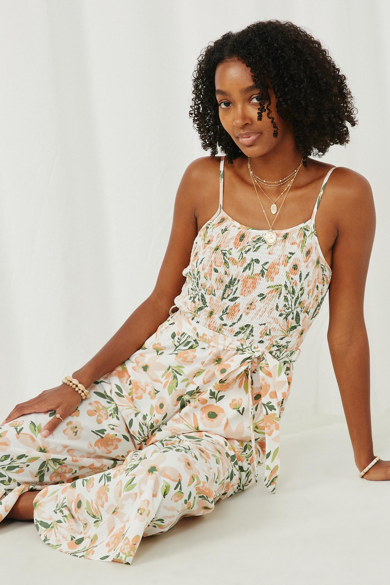 HY5965 Off White Womens Floral Print Belted Ruffled Wideleg Smocked Jumpsuit Front