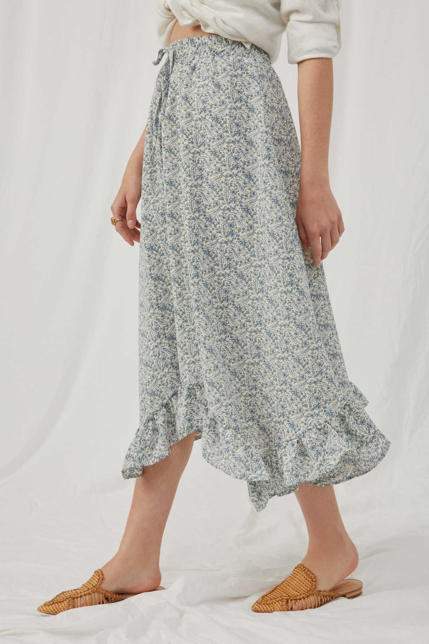 HY6001 Blue Womens Ditsy Floral Ruffled Handkerchief Hem Skirt Side