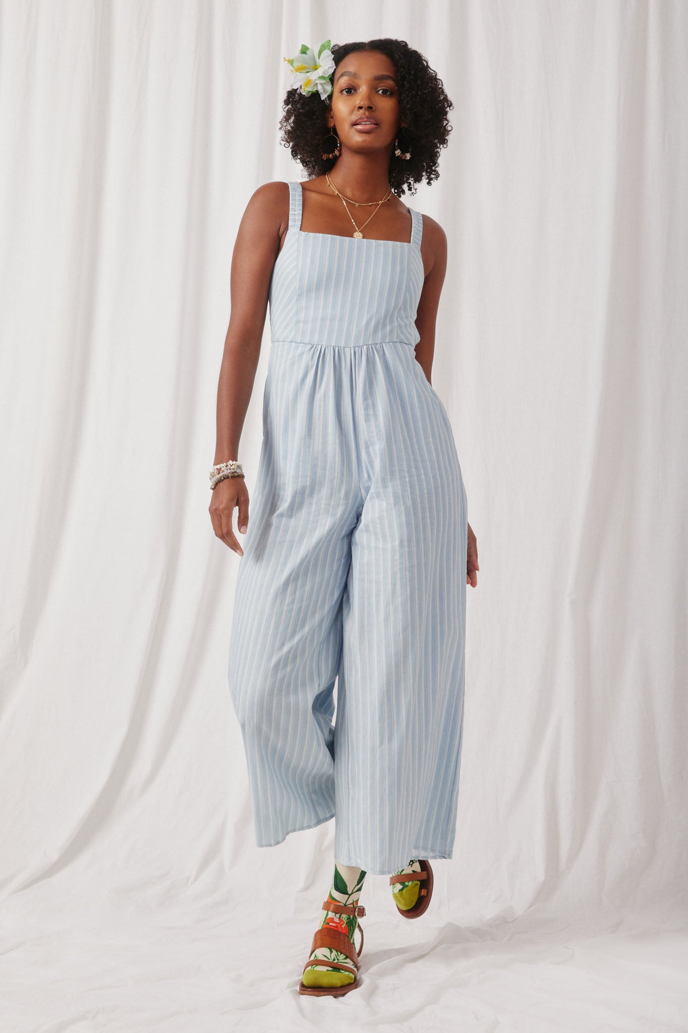 HY6006 Light Blue Womens Pinstripe Back Cutout Sleeveless Jumpsuit Full Body