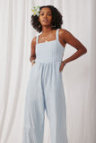 HY6006 Light Blue Womens Pinstripe Back Cutout Sleeveless Jumpsuit Front