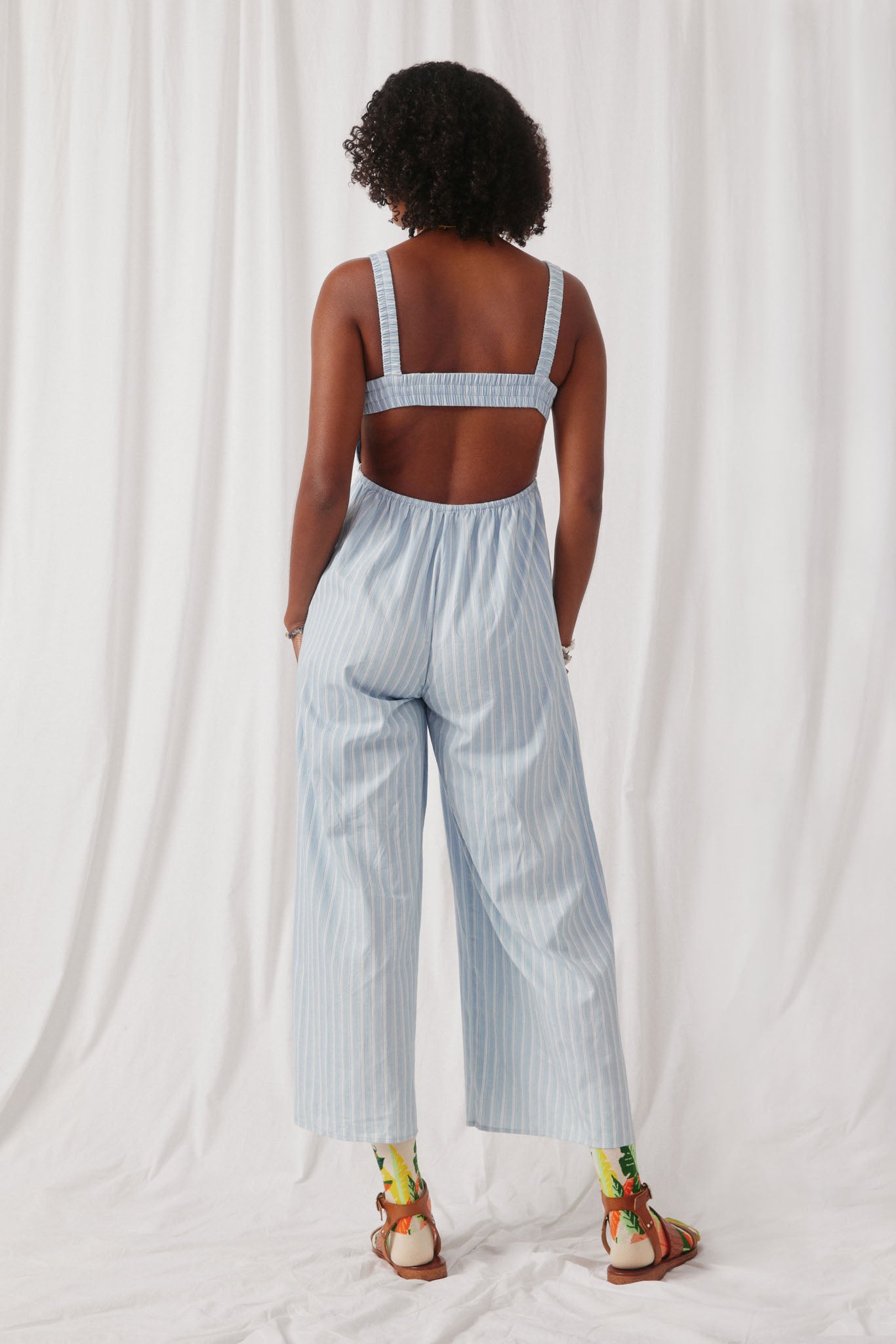 HY6006 Light Blue Womens Pinstripe Back Cutout Sleeveless Jumpsuit Back