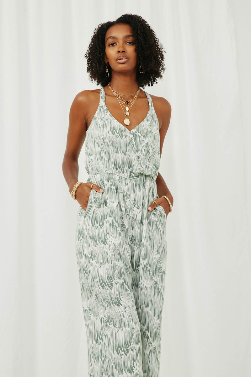 HY6022 Green Womens Painted Botanical Print Halter Neck Jumpsuit Front