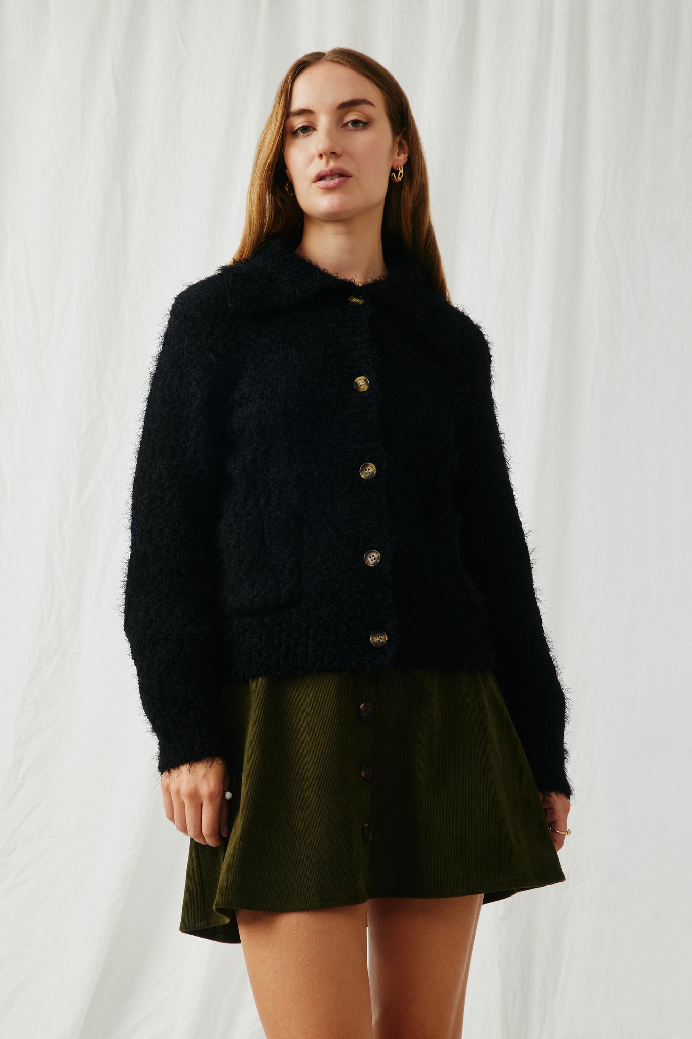 HY6085 Black Womens Fuzzy Popcorn Knit Button Up Collared Sweater Cardigan Front 2