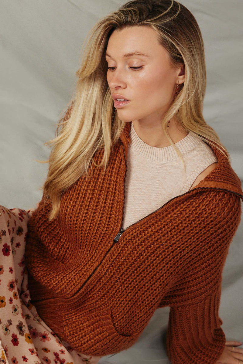 HY6093 Brown Womens Zip Up Collared Puff Sleeve Knit Jacket Pose