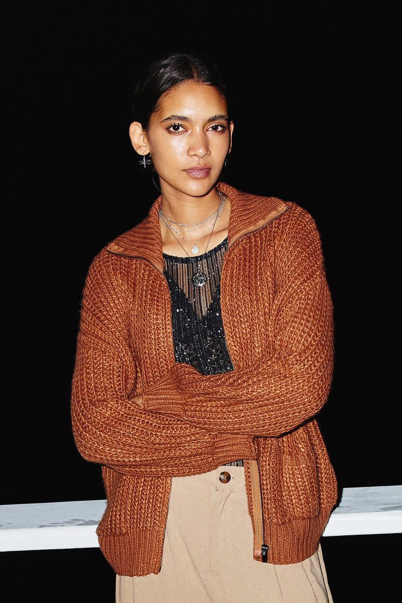 HY6093 Brown Womens Zip Up Collared Puff Sleeve Knit Jacket Editorial