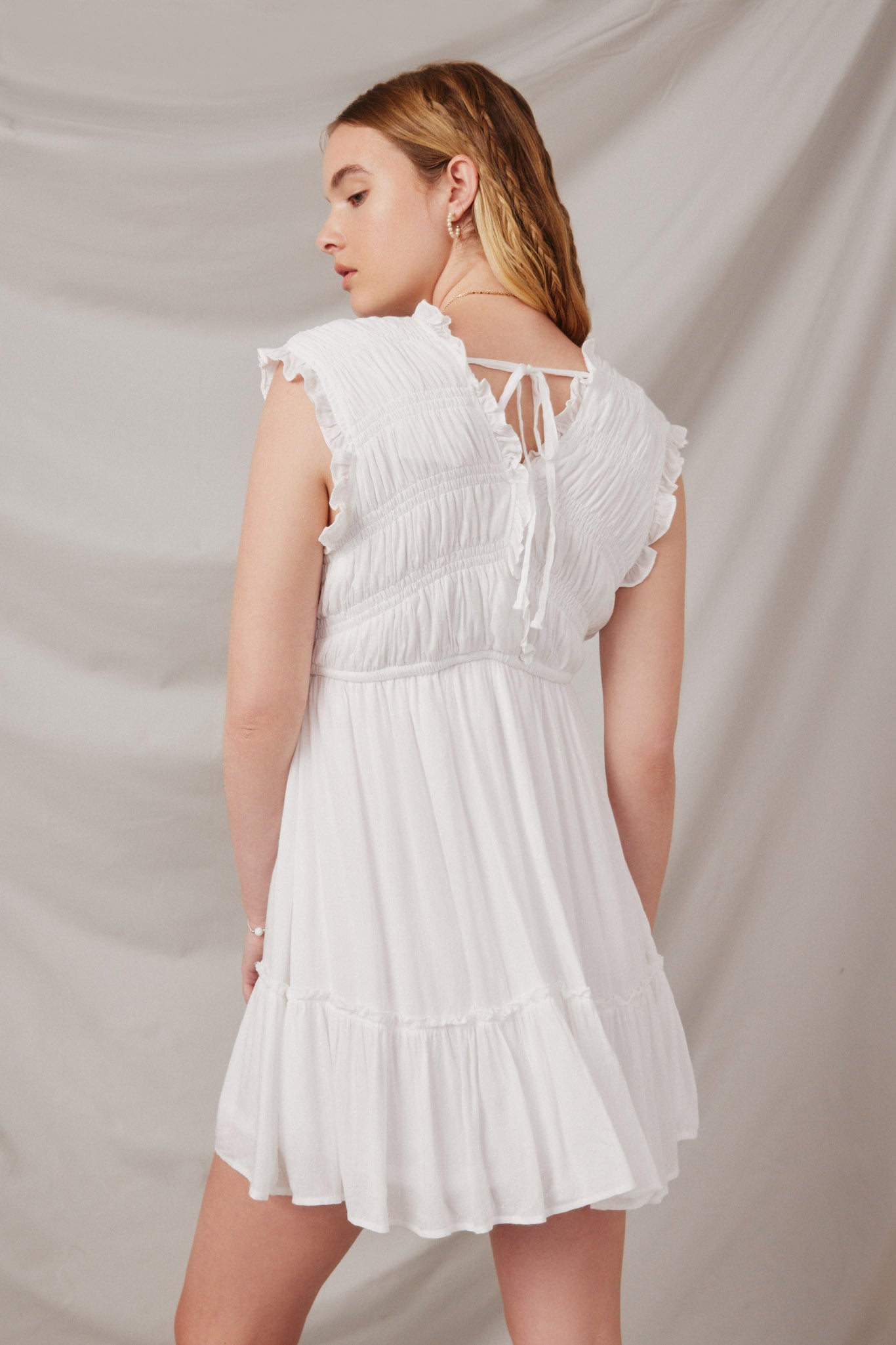 HY6108 Off White Womens Smocked Textured Plunging V Neck Dress Back