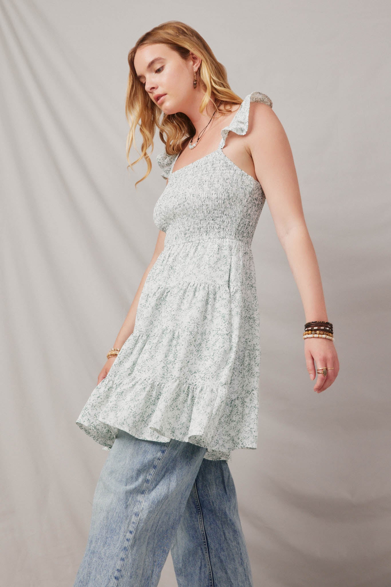 HY6131 Green Womens Ditsy Floral Smocked Flutter Tank Dress Side
