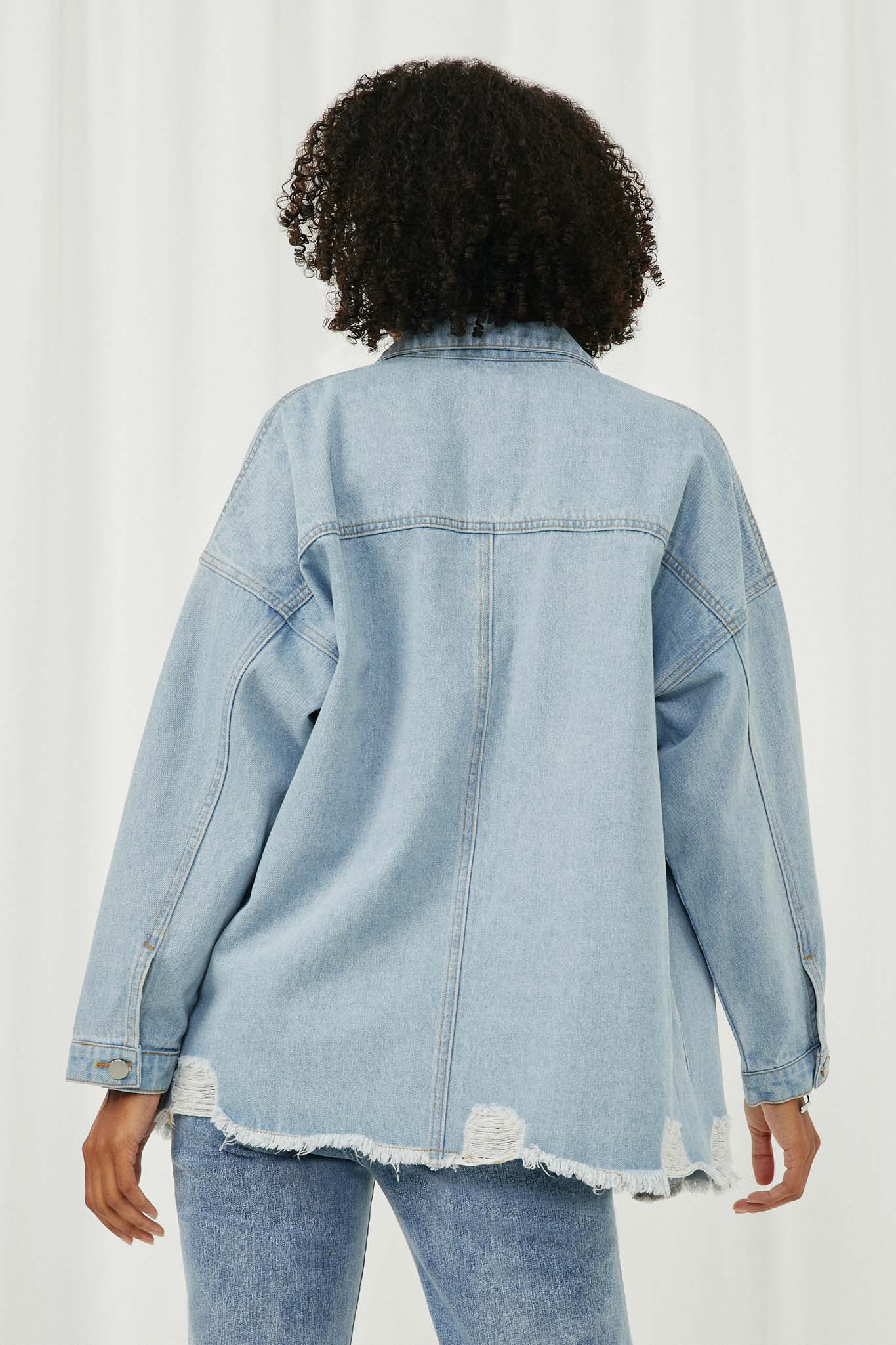 HY6143 Denim Womens Distressed Oversized Denim Jacket Back