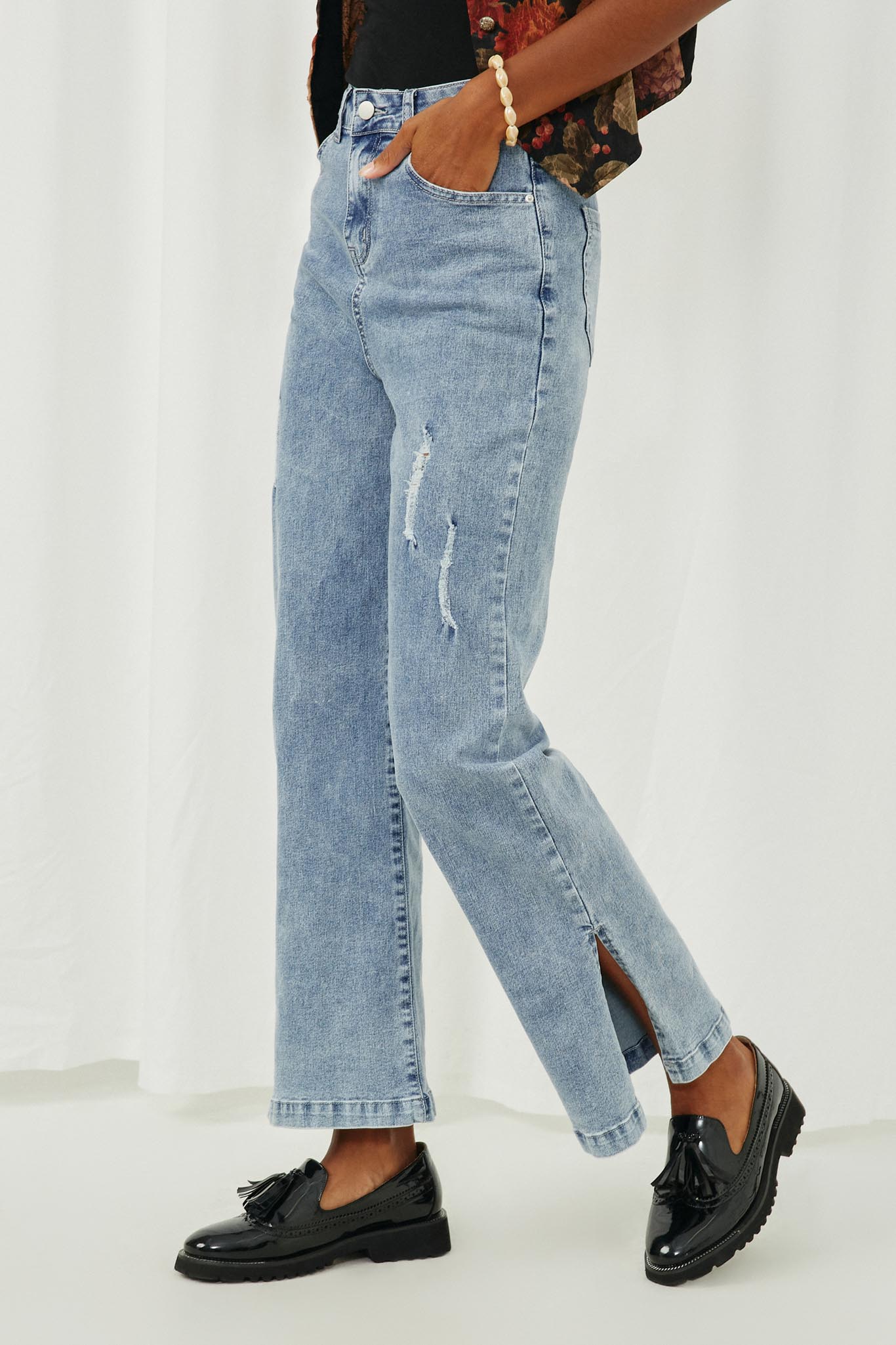 HY6153 Light Denim Womens Side Slit Distressed Bootcut Stretch Denim Side