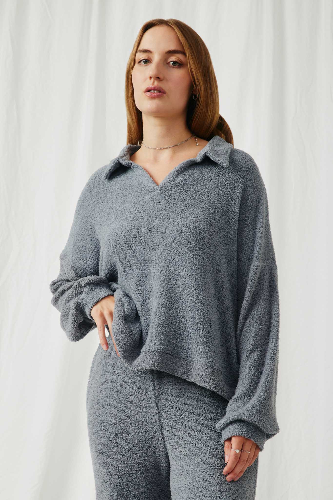 HY6156 Blue Womens Open Collar Long Sleeve Fleece Top Front