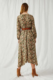 HY6209 Olive Womens Botanical Print V Neck Long Sleeve Dress Back