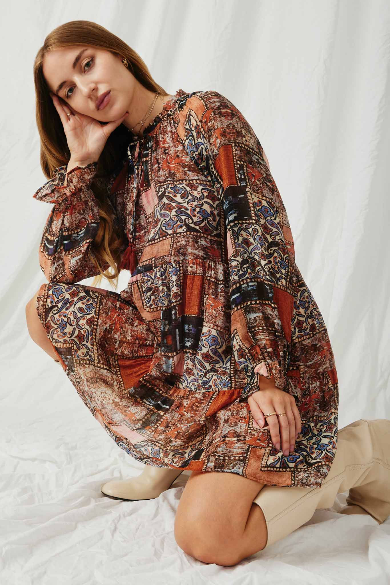 HY6220 Brown Womens Paisley Patch Print Ruffle Neck Chiffon Dress Pose