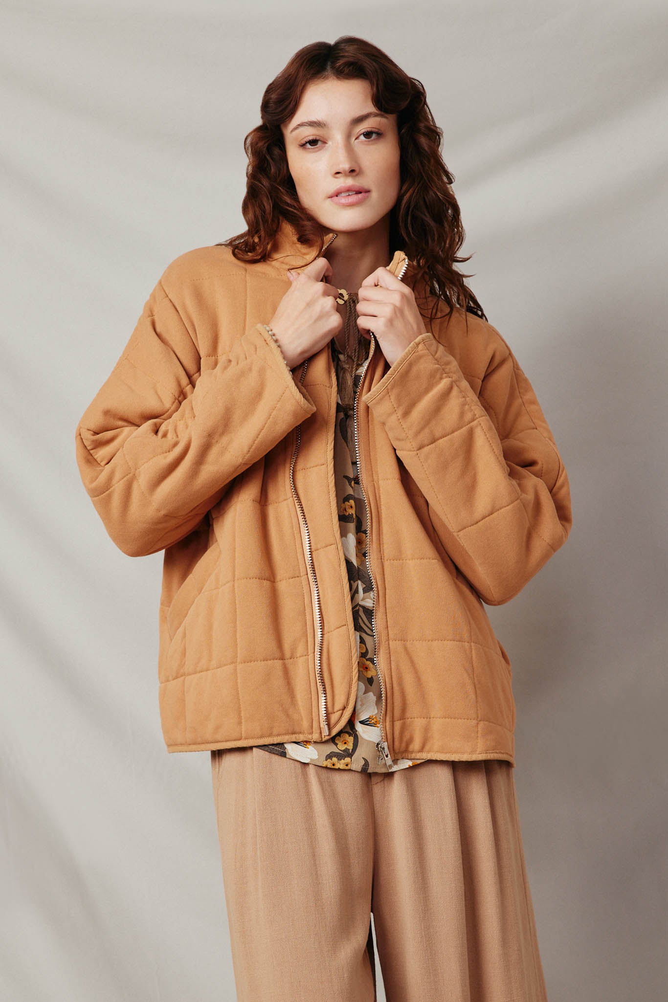 HY6261 Taupe Womens Quilted Zip Up Padded Jacket Front