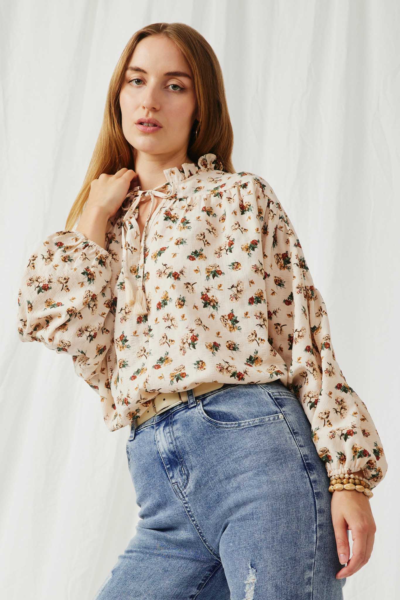 HY6302 Beige Womens Ditsy Print Textured Dolman Top Front