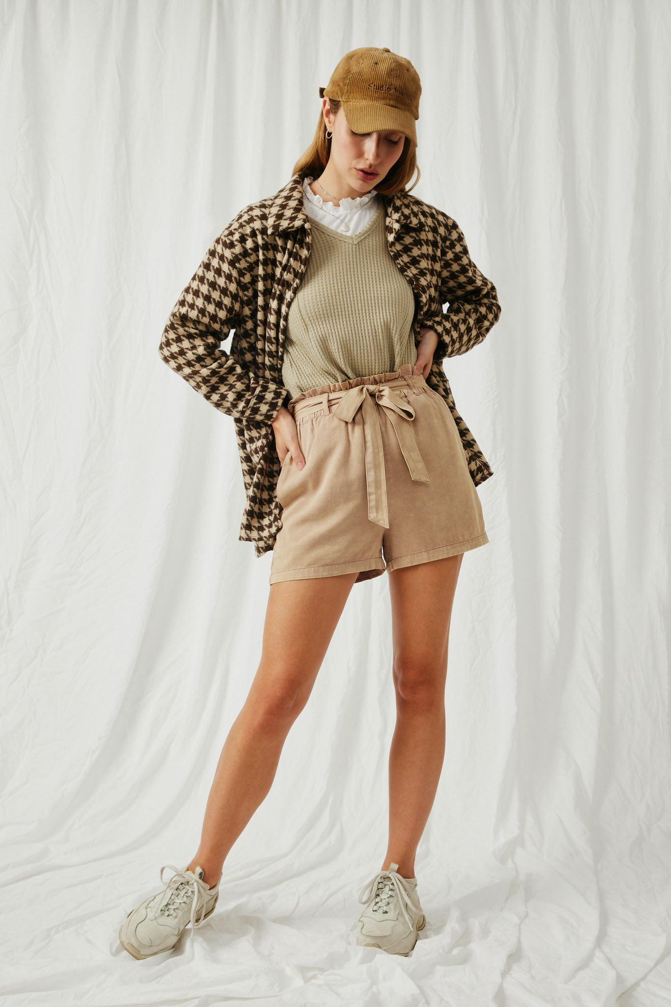 HY6311 Mocha Womens Houndstooth Front Pocket Button Detail Coat Full Body