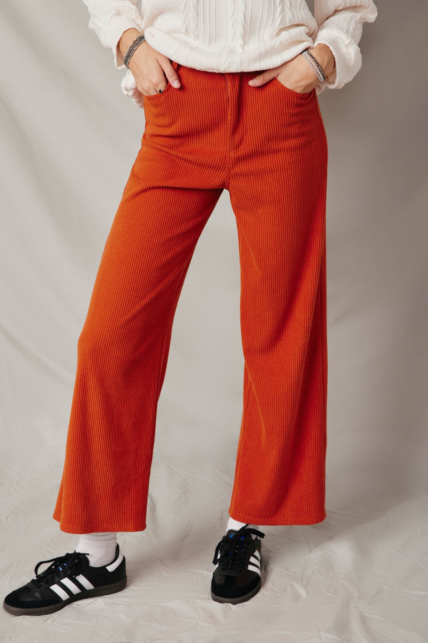 HY6327 Rust Womens Corduroy Straight Leg Pants  Front