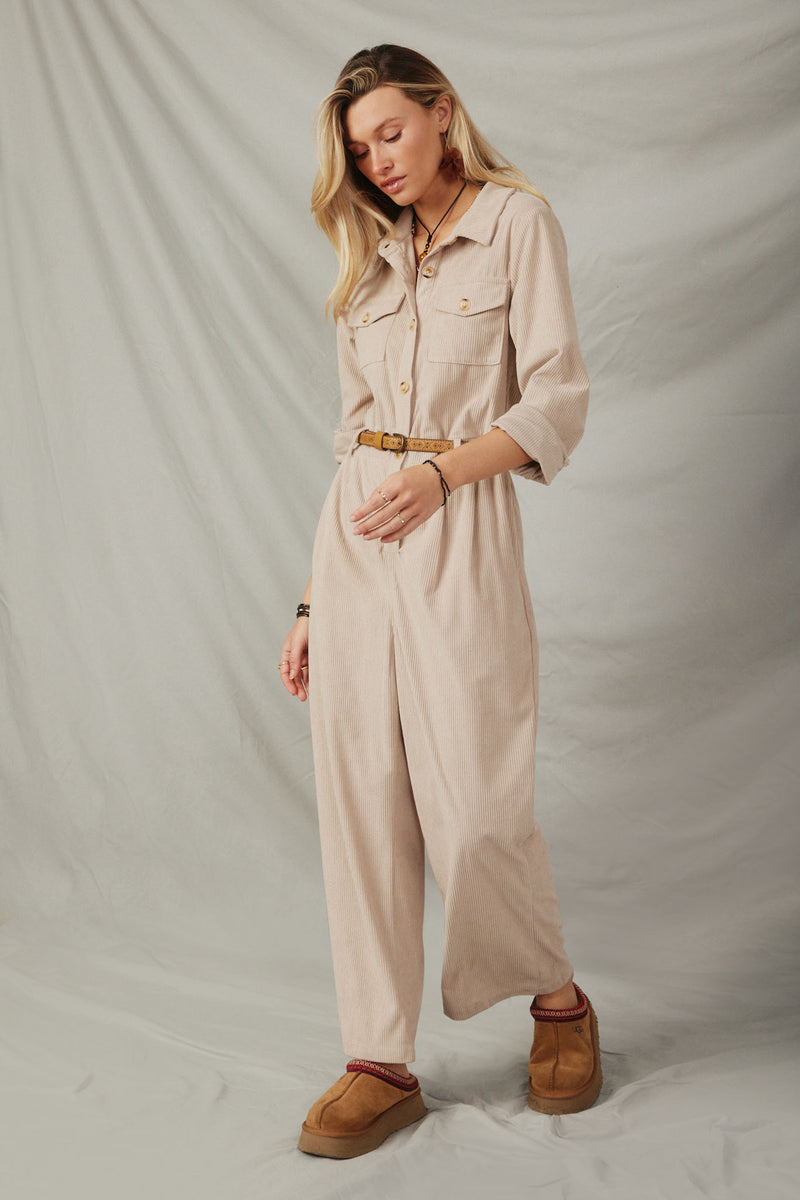 HY6331 Beige Womens Corduroy Collared Wide Leg Jumpsuit Side