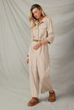 HY6331 Beige Womens Corduroy Collared Wide Leg Jumpsuit Side