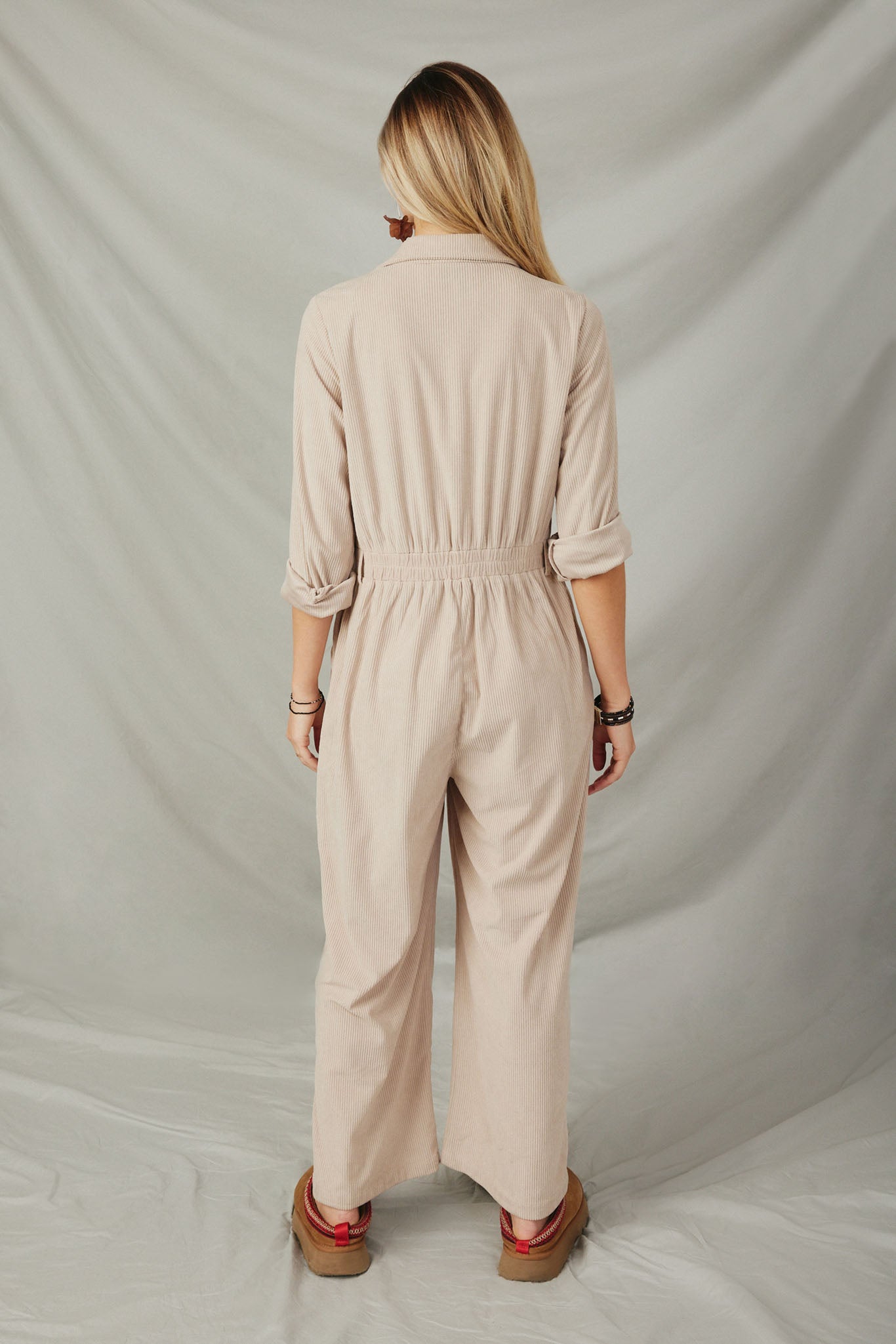 HY6331 Beige Womens Corduroy Collared Wide Leg Jumpsuit Back