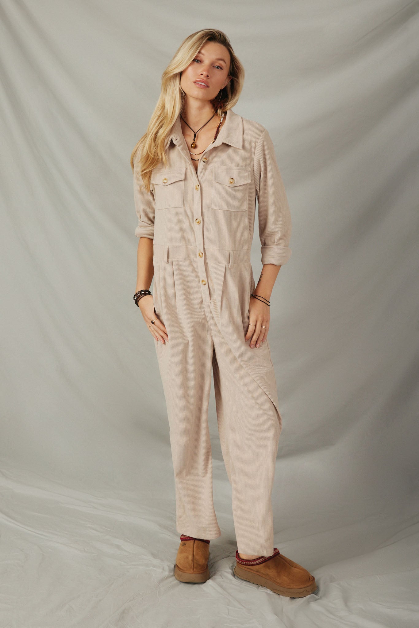 HY6331 Beige Womens Corduroy Collared Wide Leg Jumpsuit Full Body
