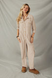 HY6331 Beige Womens Corduroy Collared Wide Leg Jumpsuit Full Body