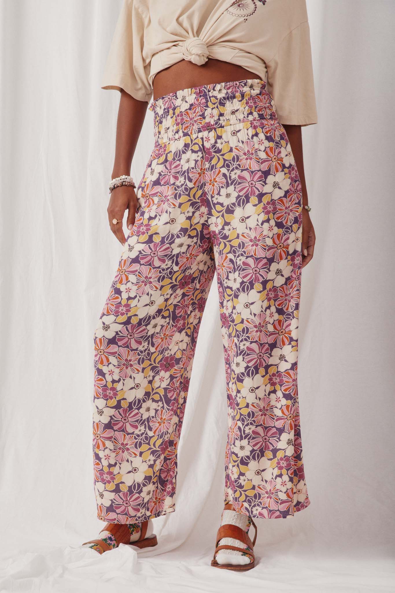 HY6398 Violet Womens Floral Print Smocked Elastic Waist Wide Leg Pants Front