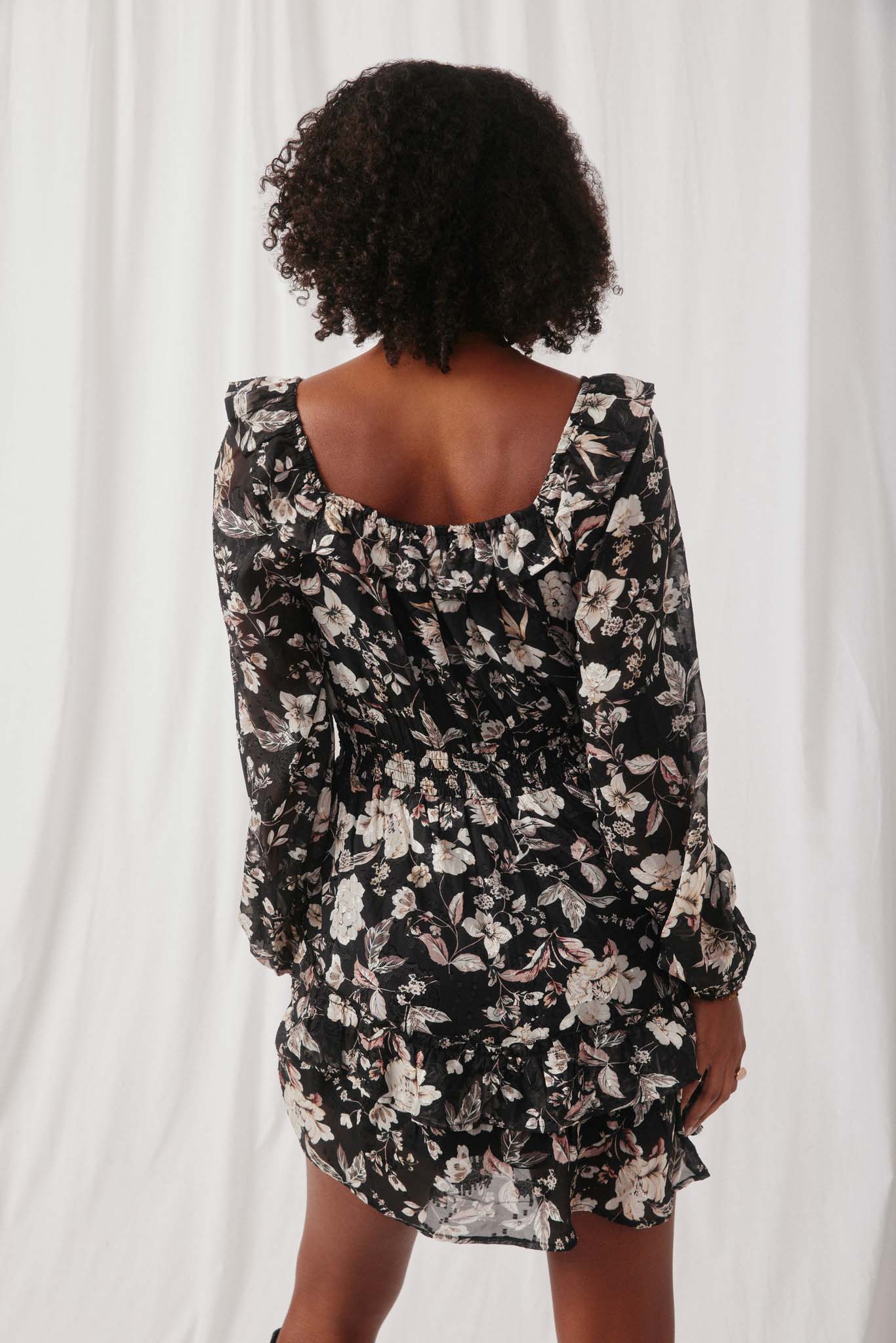 HY6402 Black Womens Textured Floral Chiffon Print Off Shoulder Tiered Dress Back